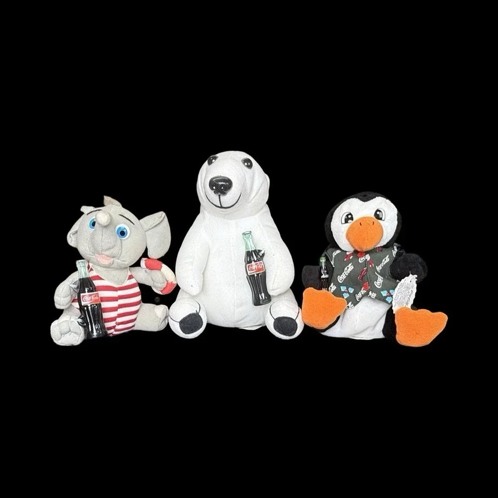 Coca Cola Plush Polar Bear, Penguin And Elephant Vintage Lot Of 3